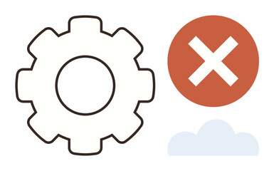 Obraz premium Gear beside red cross and small cloud conveying system issue, technical error, or interrupted process. Ideal for technology, troubleshooting, failure, cloud computing, system errors, IT issues