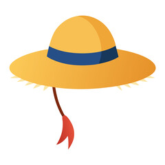 Straw hat with ribbon, wide frayed brim vector icon on white background.