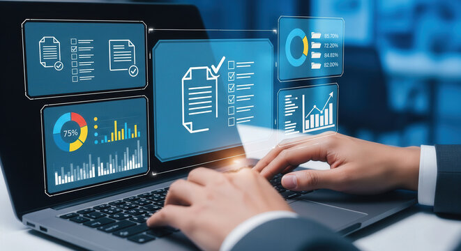 Hands on laptop keyboard with digital charts, task checklists, and analytics dashboards displayed, representing business data analysis and efficient workflow management. - Powered by Adobe