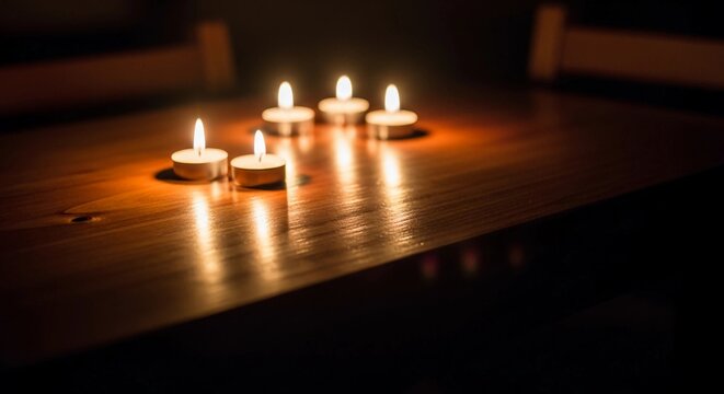 Burning tealight candles on a wooden table in darkness - Powered by Adobe