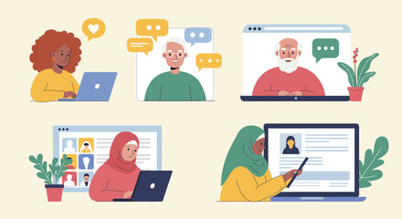 Diverse individuals engaging in virtual communication using laptops and the internet