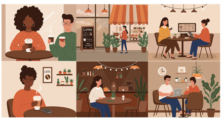 Fototapeta premium Cozy Coffee Shop Scenes: A Diverse Collection of Patrons Enjoying Their Coffee