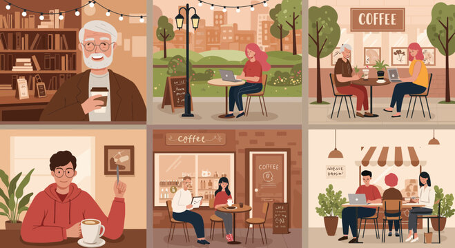 Illustrations of people enjoying coffee in various settings and scenarios collection