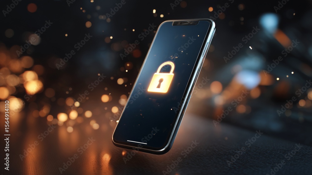 Poster illuminated smartphone with lock icon floating above in dark background with sparkles