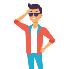 Modern style young male with joyful smile, festive summer outfit vector icon on white background.