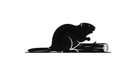 Obraz premium Silhouette of a Beaver with a Log, Monochrome Illustration of a North American Rodent