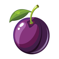 A single stylized purple plum with a green leaf and stem