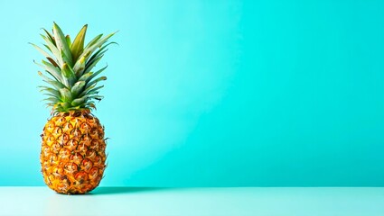 Single ripe pineapple, against a pastel blue backdrop Plenty of copy space.
