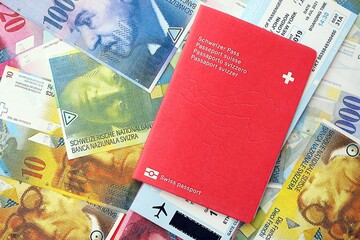 Swiss franc banknotes and passport with tickets. The current francs money bills and biometrical pass