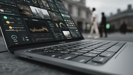 Laptop with Data Analytics Dashboard: A sleek silver laptop displays a comprehensive data analytics dashboard, showcasing various charts, graphs, and key performance indicators. - Powered by Adobe