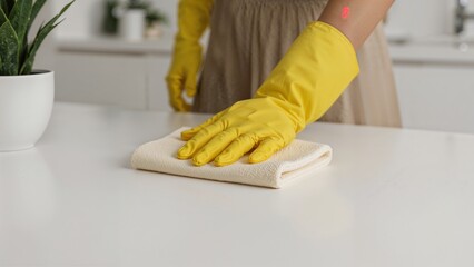 Person wearing yellow glove cleans table with rag