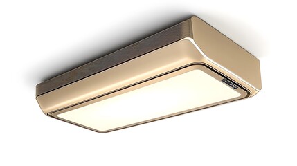 A rectangular ceiling light fixture with gold trim mounted on a white ceiling