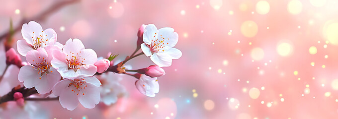 Beautiful spring background with blooming cherry blossoms, pastel colors, bokeh effect, and a banner design.