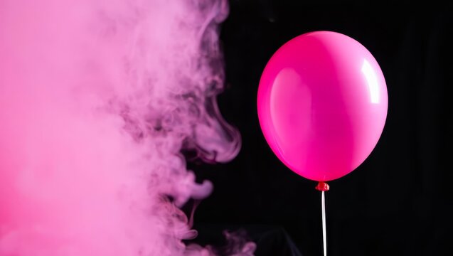 Pink balloon floating next to pink smoke on one side. Vivid contrast and playful mood.