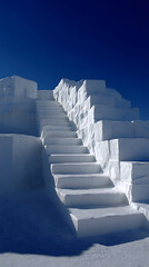 Fototapeta premium Majestic Snow Staircase Ascending to a Vivid Blue Sky A Winter Wonderland Scene