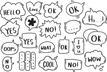 Speech Bubble Doodle Set with Comic Words, Sketch Style, Hand Drawn Vector Elements, Black and White Design, Transparent Background