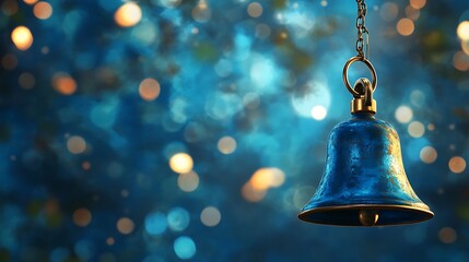 Shiny blue bell dangling from a chain with bokeh lights in the background