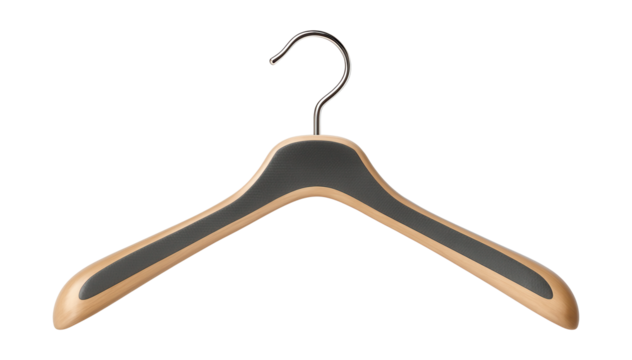 Wide wooden hanger with a non-slip rubber grip, intended for keeping sweaters in shape in a family home.