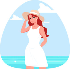 girl in white dress and sun hat relaxing on beach
