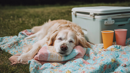 A golden retriever dog rests on a colorful blanket in a grassy area. A cooler and two cups are nearby, suggesting a picnic setting.