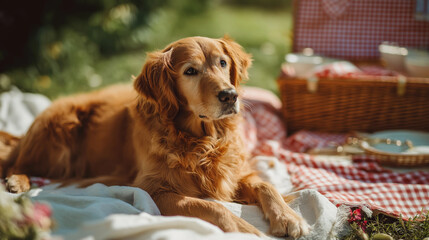 A golden retriever dog rests on a picnic blanket in a sunny outdoor setting. A picnic basket and food items are nearby, creating a festive atmosphere.