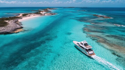 Bahamas Yacht: Aerial View of Motor Boat in Caribbean Archipelago