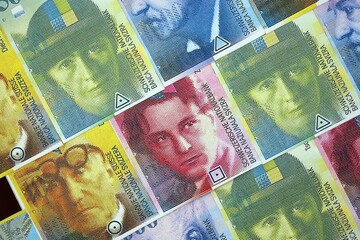 Swiss franc banknotes. The current francs money bills lies on table in big amount close up