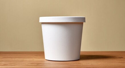 Plain white ice cream container on a wooden surface