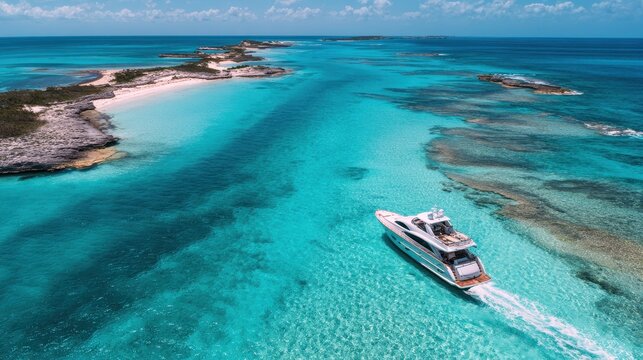 Bahamas Yacht: Aerial View of Motor Boat in Caribbean Archipelago