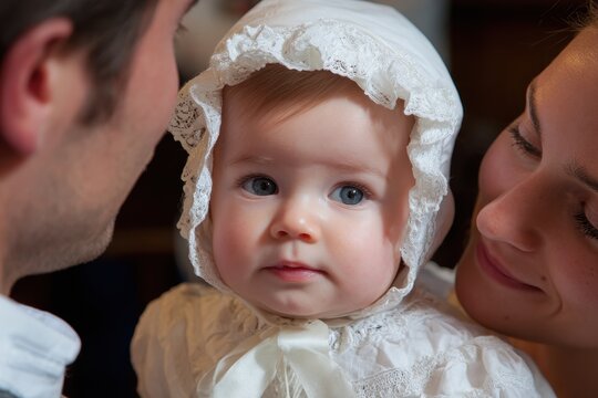 Baptism Christening. Mother and Father Dressing Infant in Christening Cap