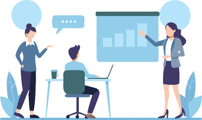 Fototapeta premium Illustration of three people in an office setting with a presentation board and a laptop on a desk