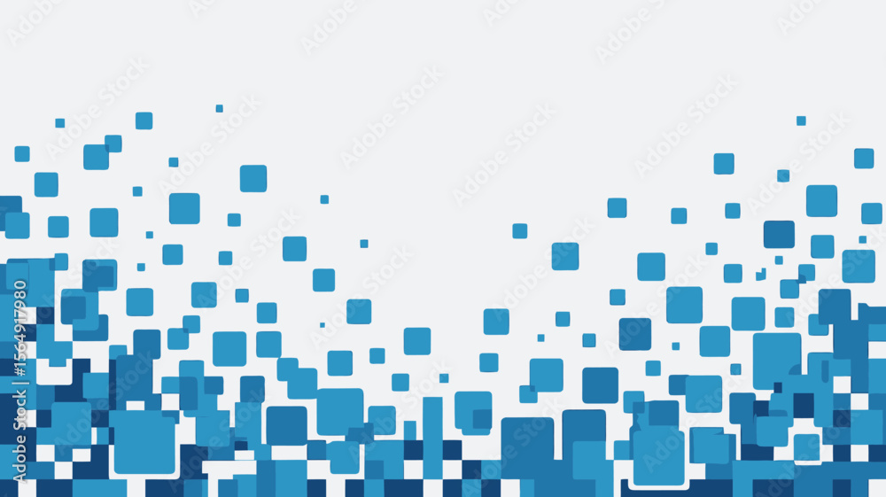 Poster a scattered array of blue squares on a white background creating a modern and abstract visual patter