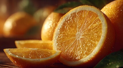Juicy citrus slices glistening with water droplets orange lemon