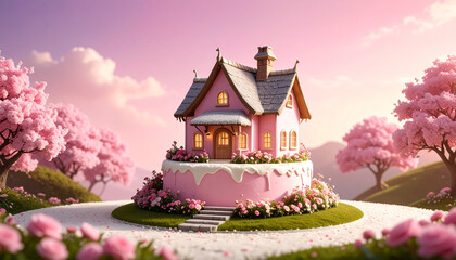 Whimsical house shaped like a cake in fantasy setting