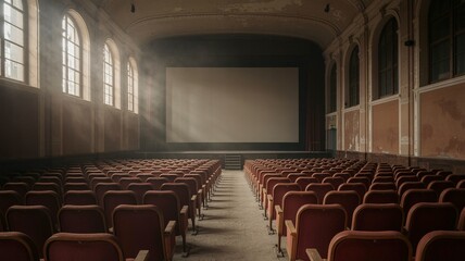 Cinema, Abandoned Cinema Interior with Sunlight Streaming Through Arched Windows and Rows of Seats