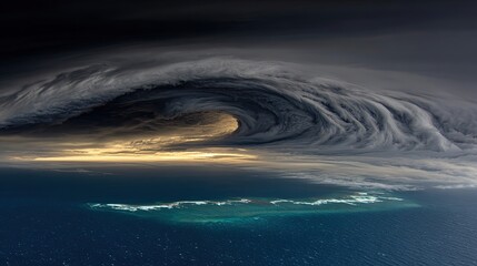 Fototapeta premium Dramatic swirling cloud formation over the ocean from an elevated perspective