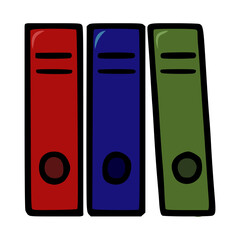 Vector illustration of three colorful office binders with a minimalist hand-drawn style, featuring red, blue, and green binders with distinct circular details.
