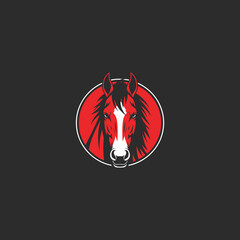 Minimal Stoic Horse Face Logo in Red, Black & White Circle on Dark Background – Vector Design
