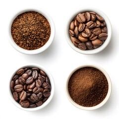 Coffee beans and grounds: Top-down view showcasing an array of coffee bean and ground varieties within individual bowls, perfect for cafe promotions and food blogs.
