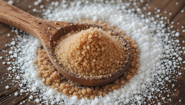 coffee beans in a spoBrown sugar in wooden spoon on rustic wooden surface with granulated sugar surrounding iton