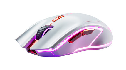 Sleek white gaming mouse with vibrant pink and red accents shines isolated on transparent background offering cutting-edge tech.