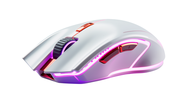 Sleek white gaming mouse with vibrant pink and red accents shines isolated on transparent background offering cutting-edge tech.