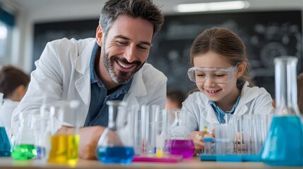 Teacher and Student: A teacher guides a young student in a captivating science experiment, surrounded by colorful beakers and glassware. The image encapsulates the essence of learning and discovery.