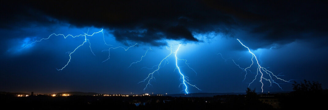 Panoramic view of lightning striking during a stormy night Generative AI - Powered by Adobe