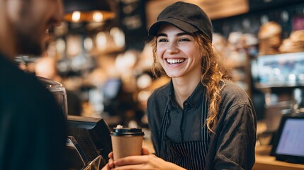 Happy Barista Serving a Customer: A young and cheerful barista smiles warmly as she hands a cup of coffee to a customer, depicting a moment of friendly service in a busy cafe.