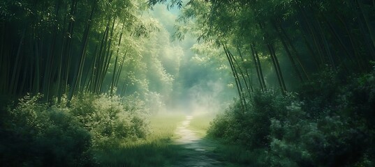 Obraz premium A tranquil bamboo forest with a scenic path leading through lush, green serenity