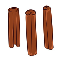 Three cinnamon sticks collection in flat style isolated on white background. Perfect for spice package, culinary and organic ingredient design.