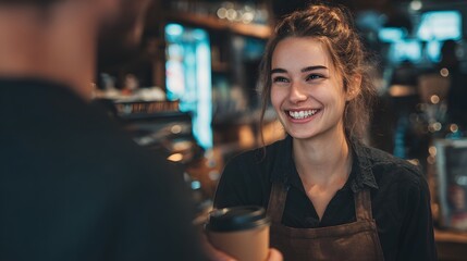 Happy Barista Serving Coffee: A radiant barista smiles warmly, offering a fresh cup of coffee. This image captures the essence of hospitality and morning ritual.