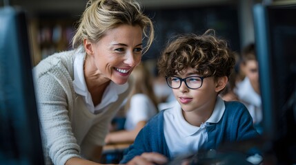 Teacher guiding student: A warm and encouraging teacher assists a young student in a modern computer lab, fostering a spirit of learning. Capturing the essence of education.
