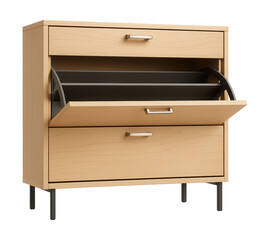 A shoe storage cabinet with a tilting door design, efficiently holding footwear at an apartment entrance.